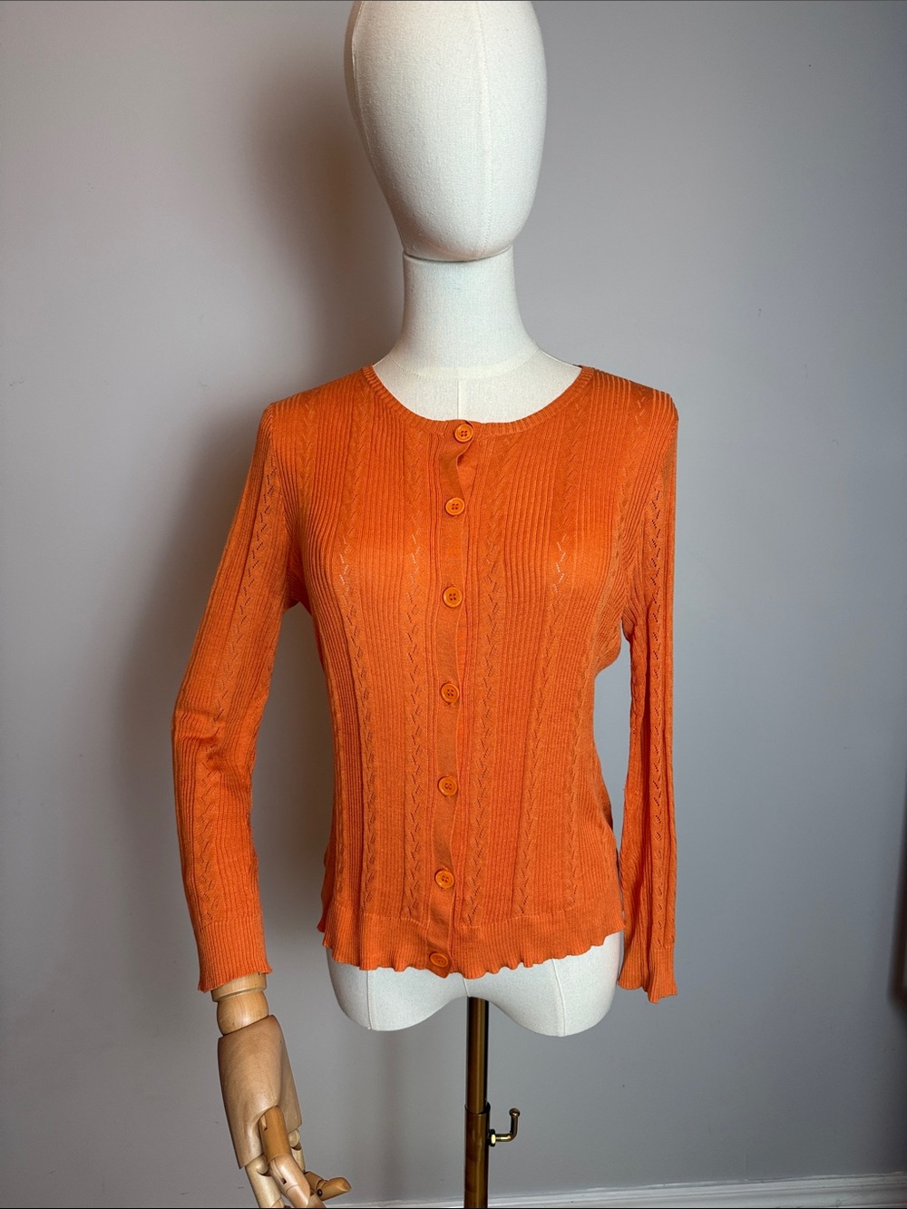 VTG Diane von Furstenberg Orange Silk Cotton Pointelle Knit Cardigan Large